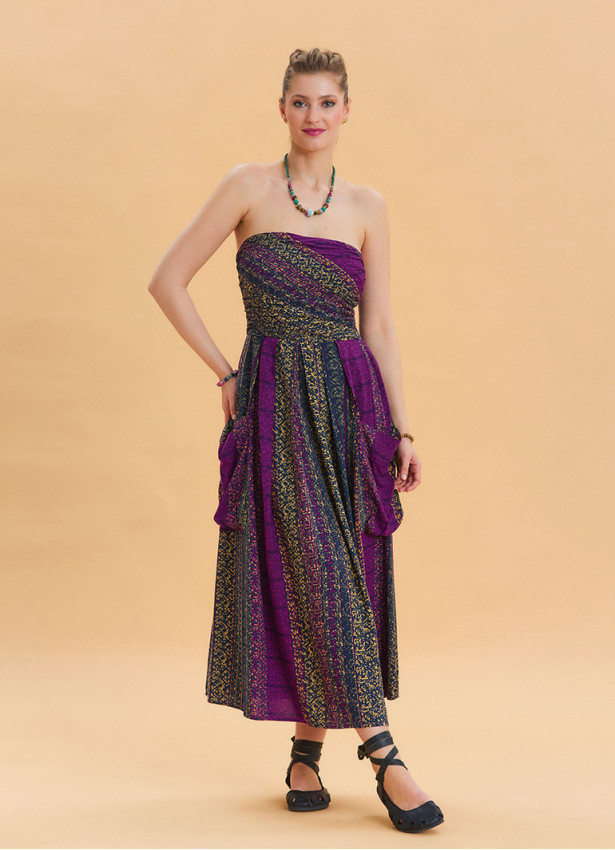 Strapless Chest Pocket Detailed Patterned Purple Flared Dress 4458